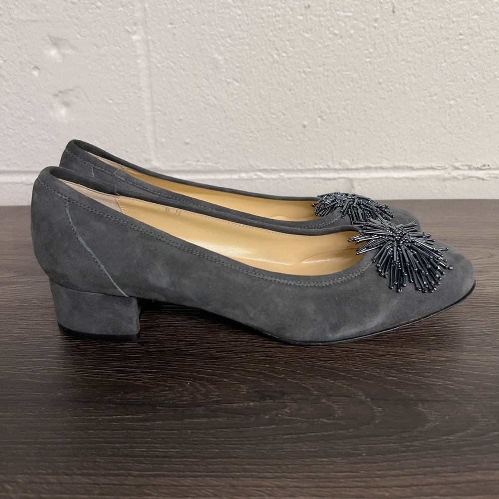 Sesto Meucci Gray Suede Beaded Pumps Women's Size 9M Italy Low Block Heel‎ Shoes
